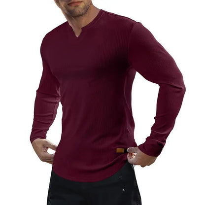 Men's slim-fit V-neck ribbed long-sleeved stretch T-shirt