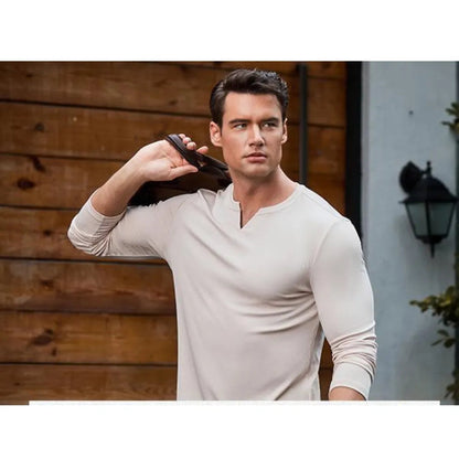 Men's slim-fit V-neck ribbed long-sleeved stretch T-shirt